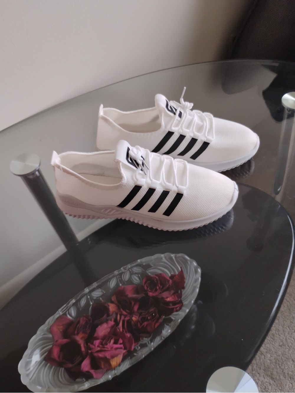 Women's White Lace-Up Knit Sneakers with Black Stripes